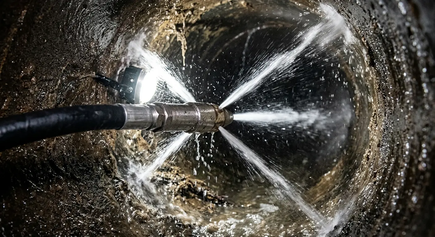 High-pressure hydro jetting nozzle cleaning sewer pipe for Storm Drain Cleaning in Windham
