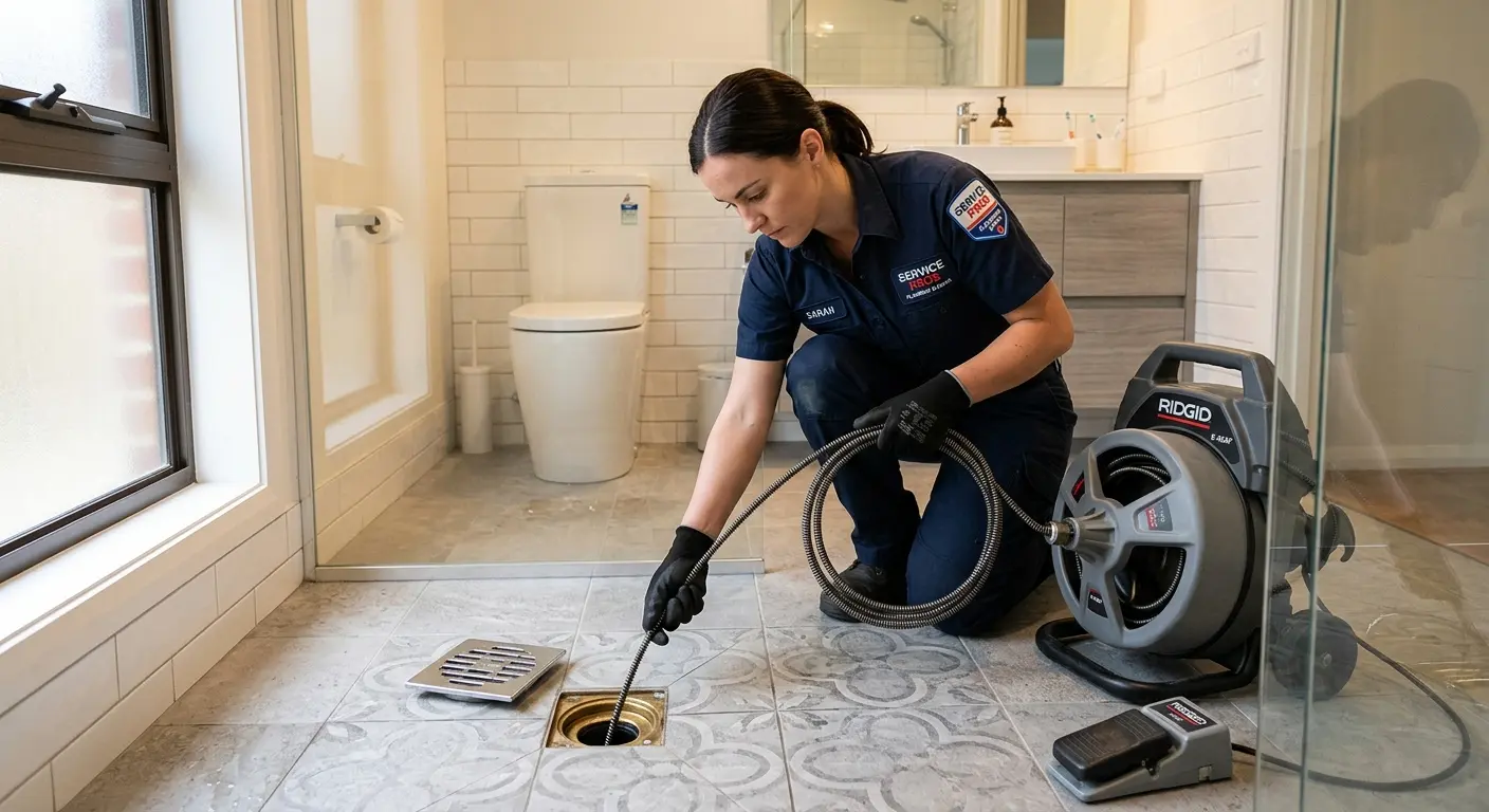Technician clearing a bathroom floor drain for Drain Cleaning in Windham